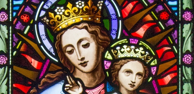 Mary as Queen stained glass – Lady Chapel, St Cuthbert's Catholic Church – Durham, England