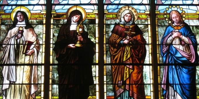 Stained glass of Saints Teresa of Avila, Clare of Assisi, Monica, and the Immaculate Conception – St. Luke Catholic Church – Danville, OH